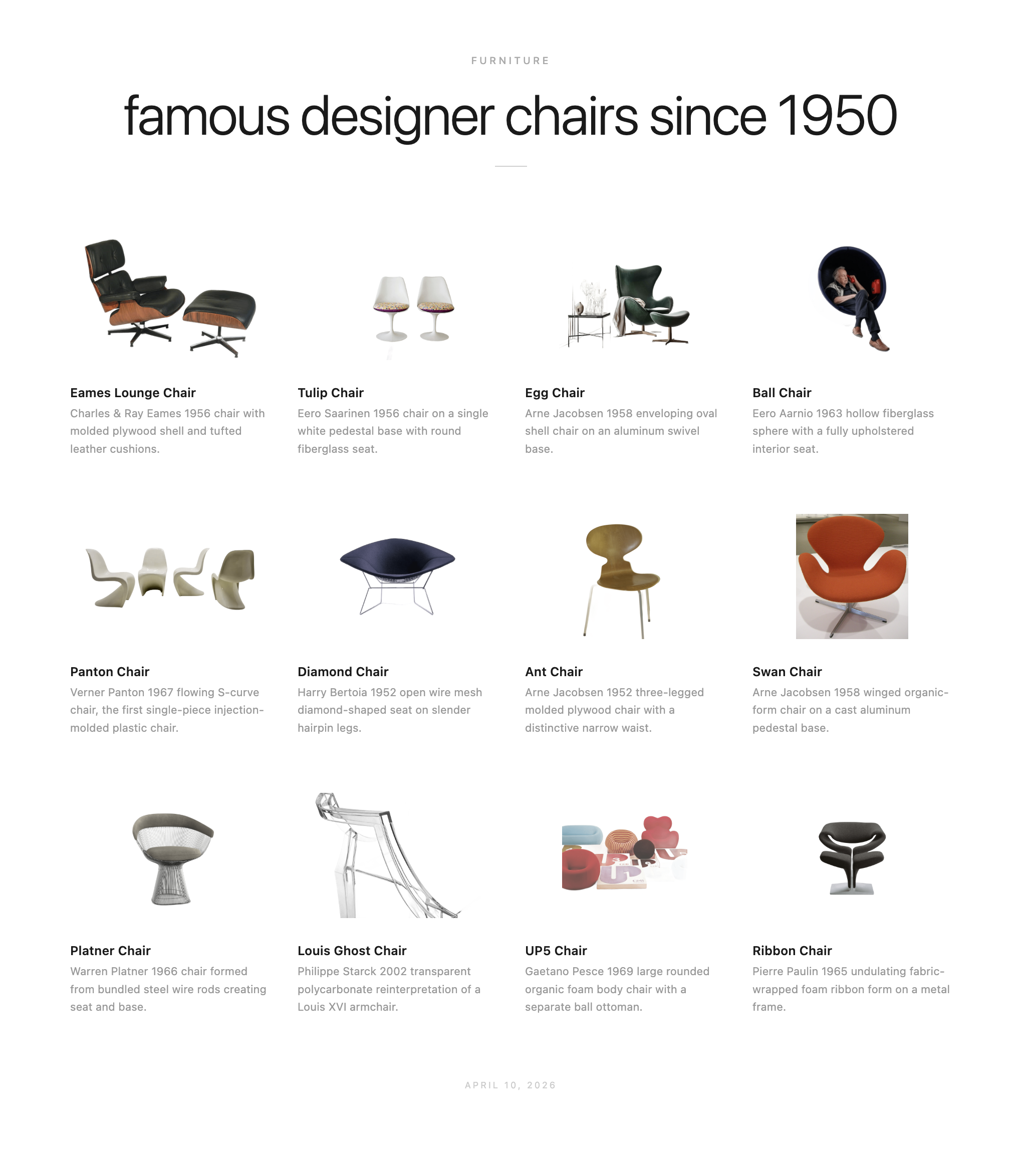 Visual Knowledge Explorer — museum-style poster for "famous designer chairs since 1950"